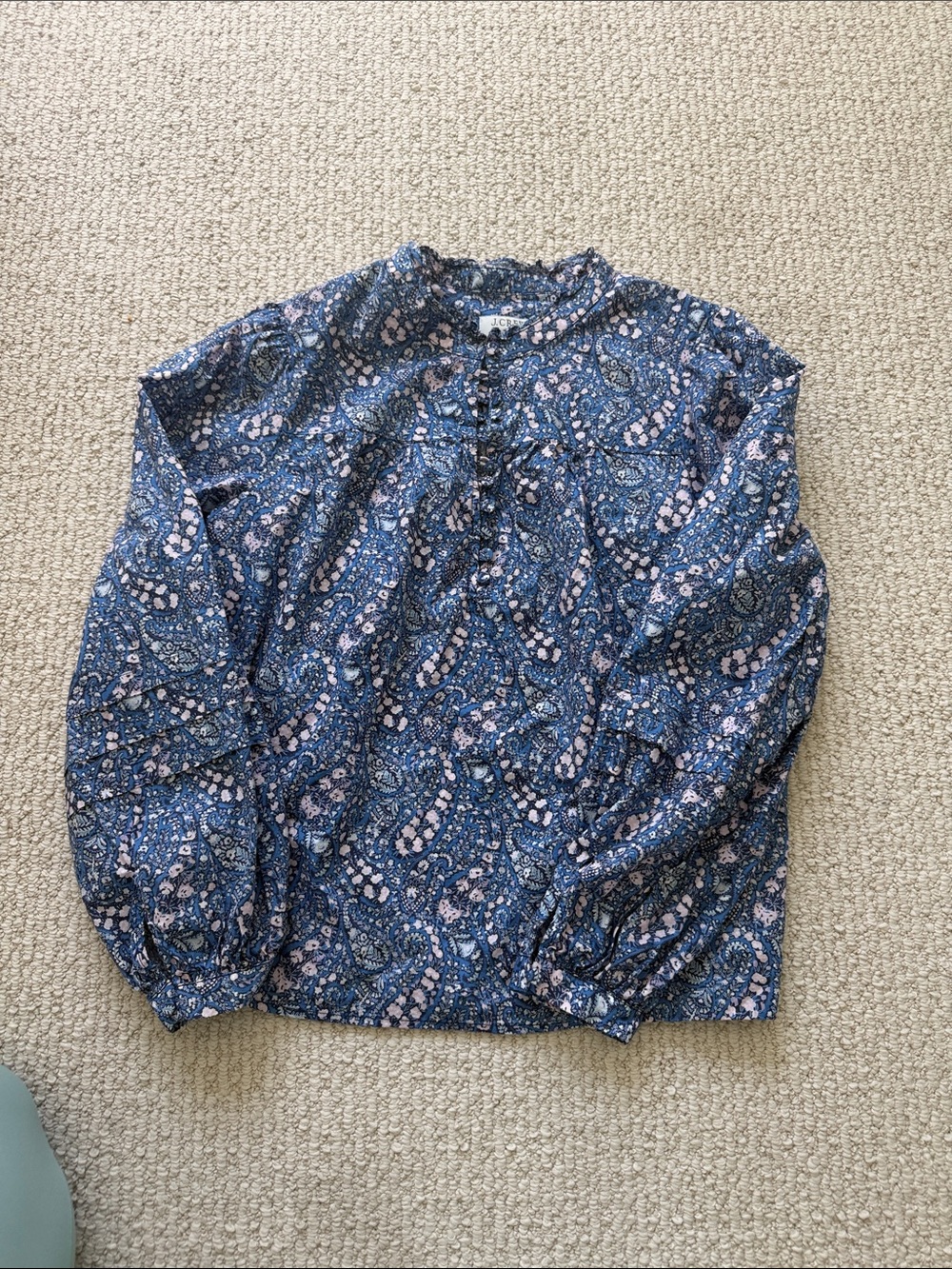 J. Crew Blue Paisley Ruffle-Front Blouse with Pink Accents